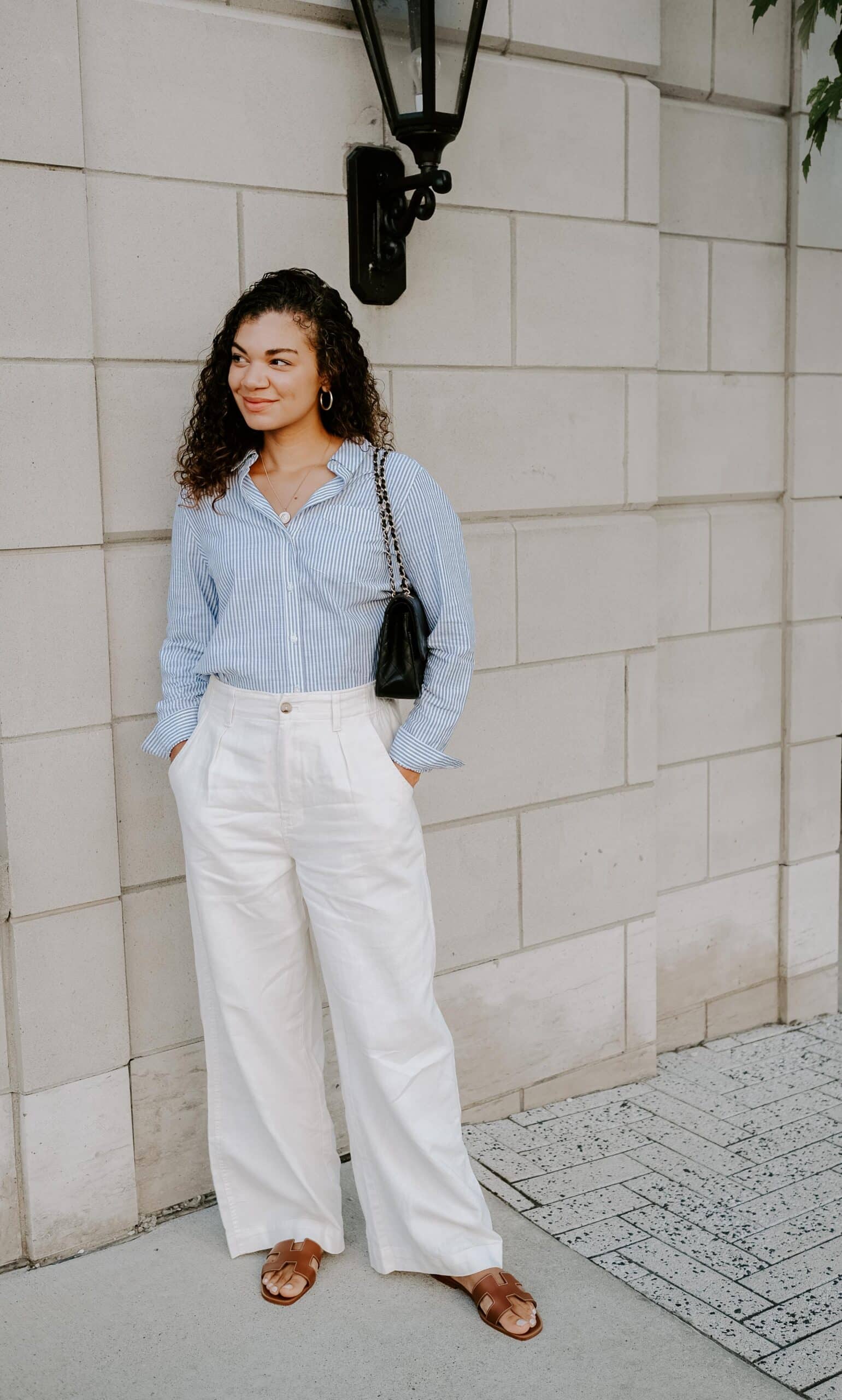 linen pants and blue button down outfit