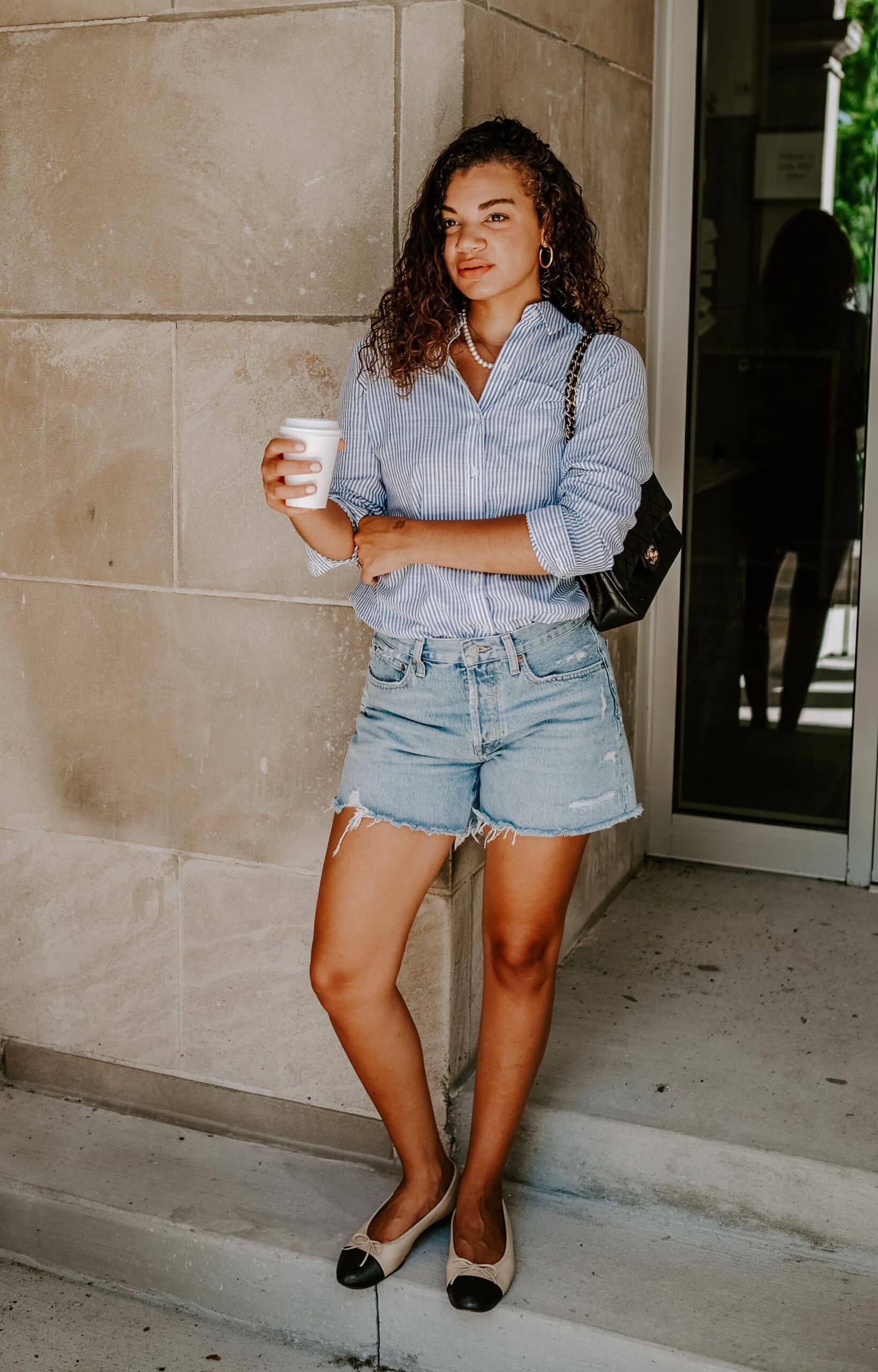 striped button down and shorts outfit