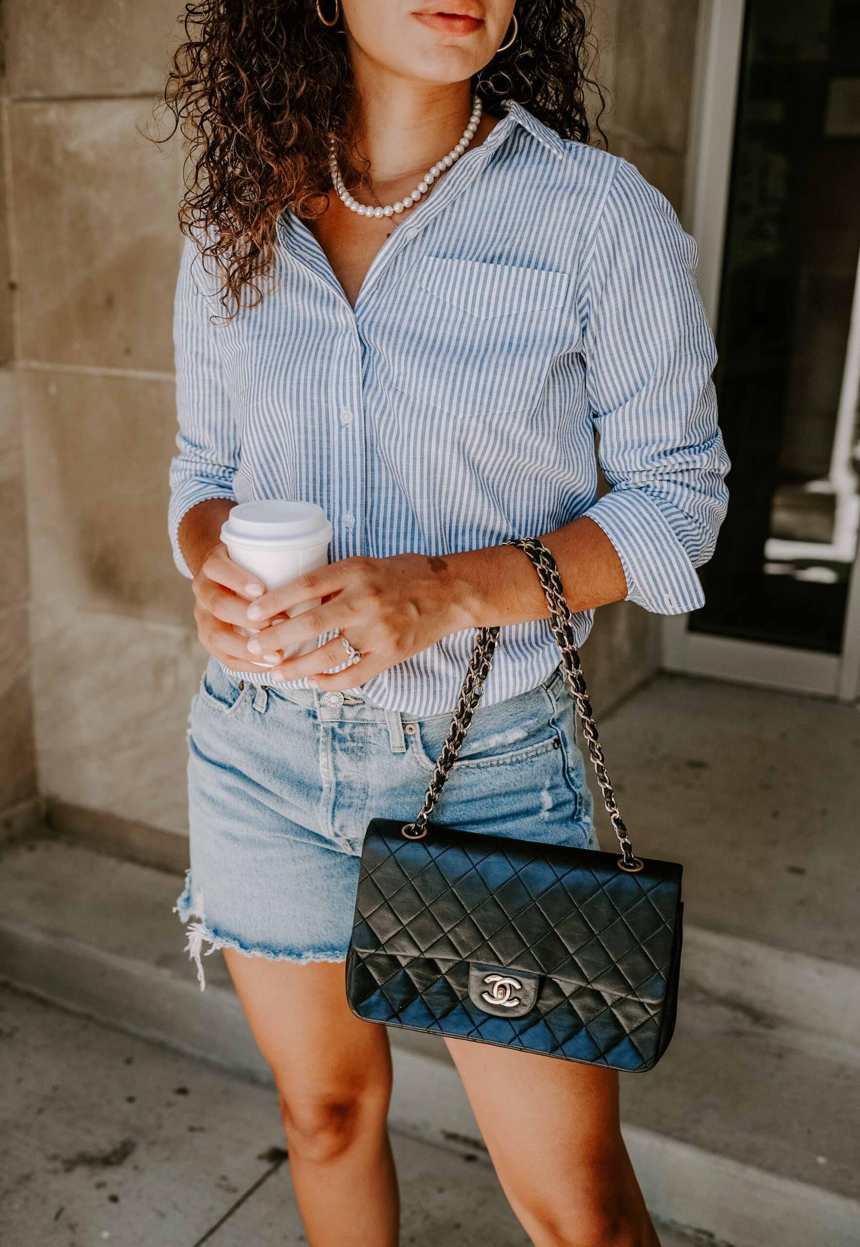 striped button down and shorts outfit