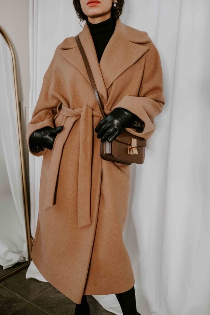 camel belted coat winter outfit