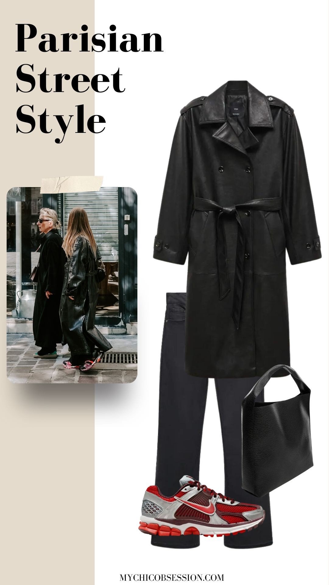 black trench + black jeans + sneakers + tote bag