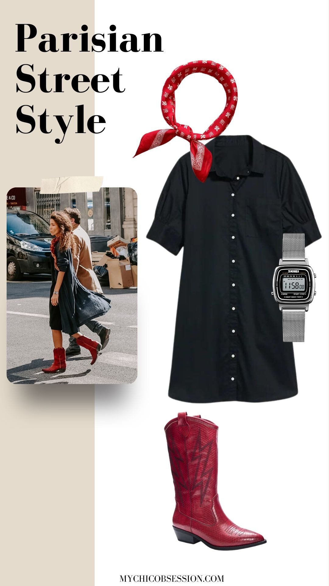 shirtdress + bandana + western boots + watch