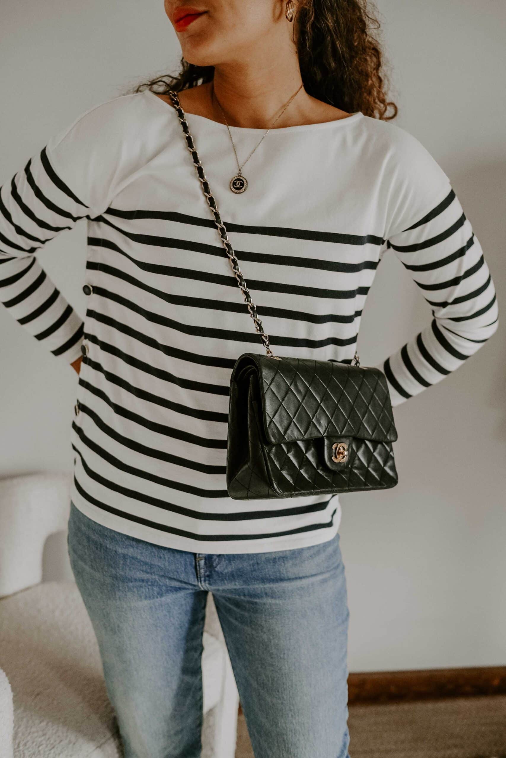 striped shirt and jeans outfit sezane