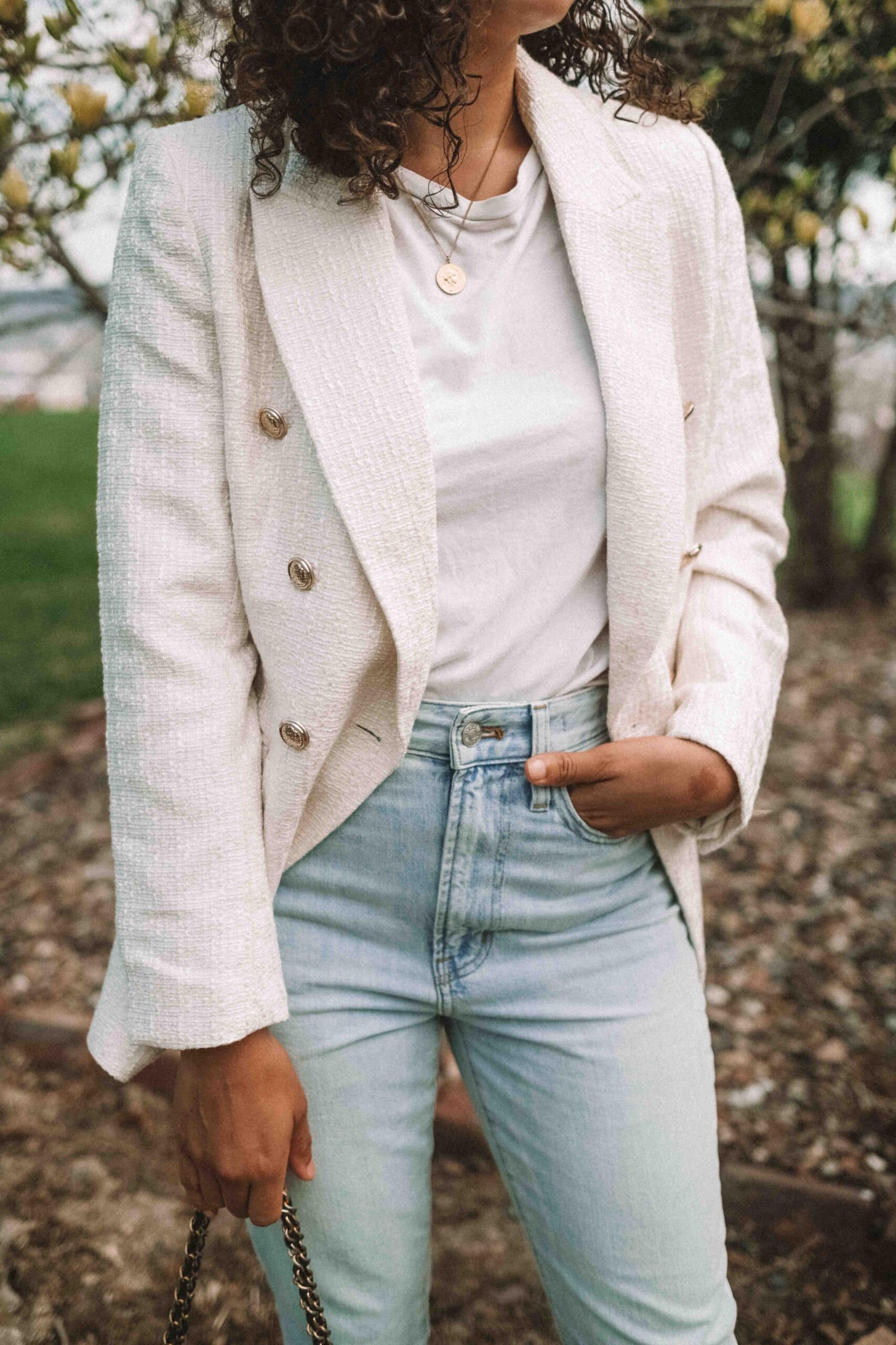 white boucle tweed blazer