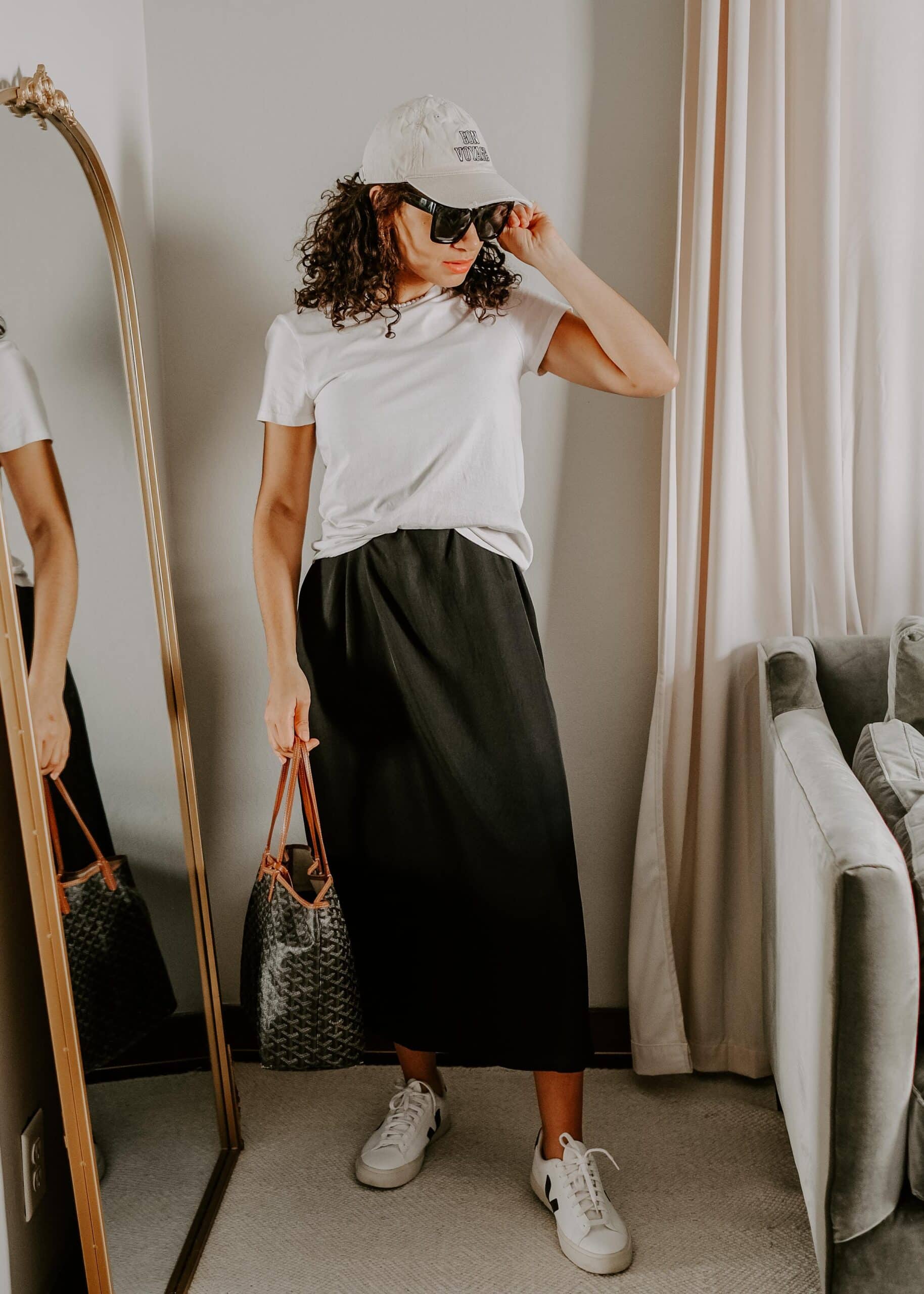 white t-shirt worn over a dress