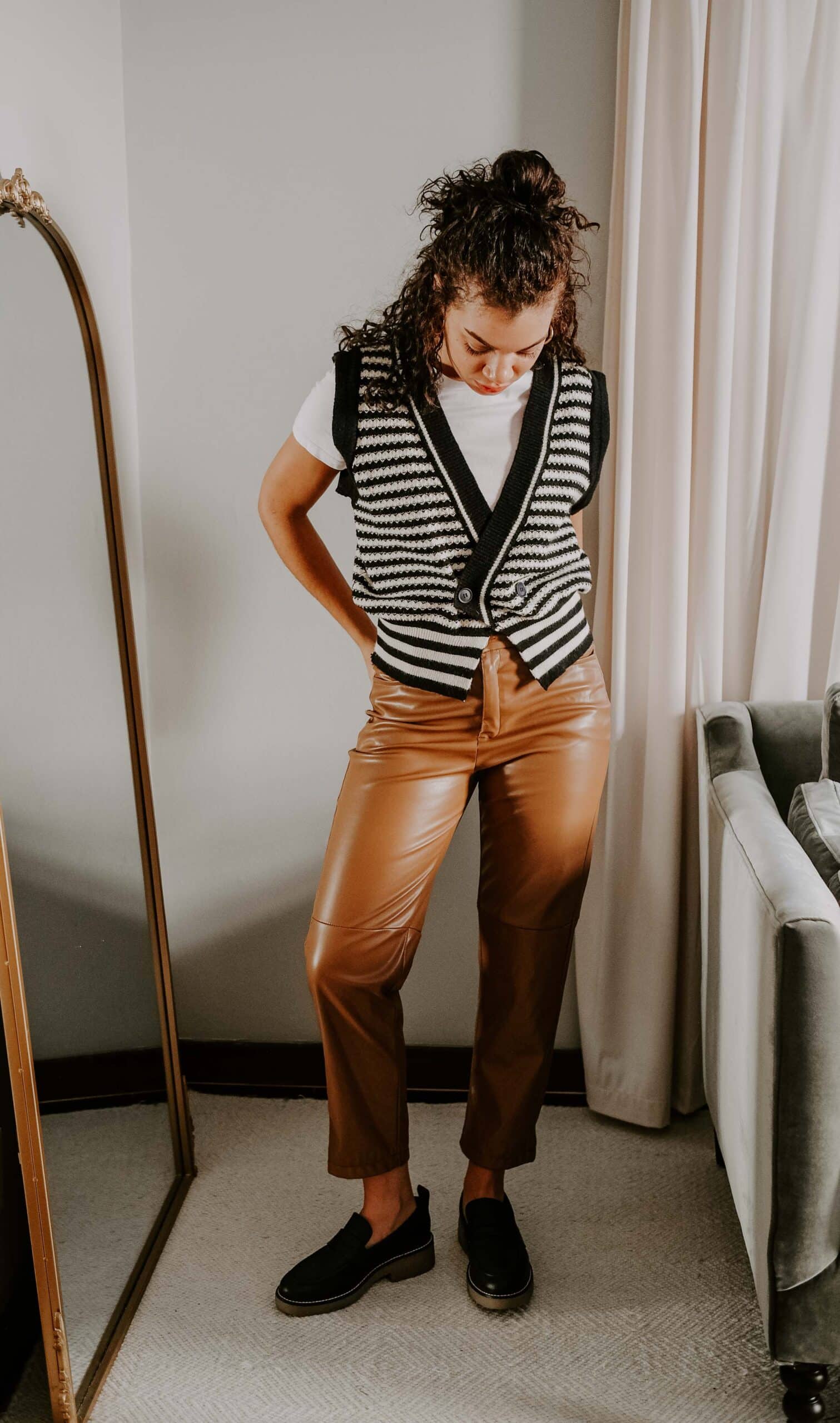 t-shirt and leather pants outfit